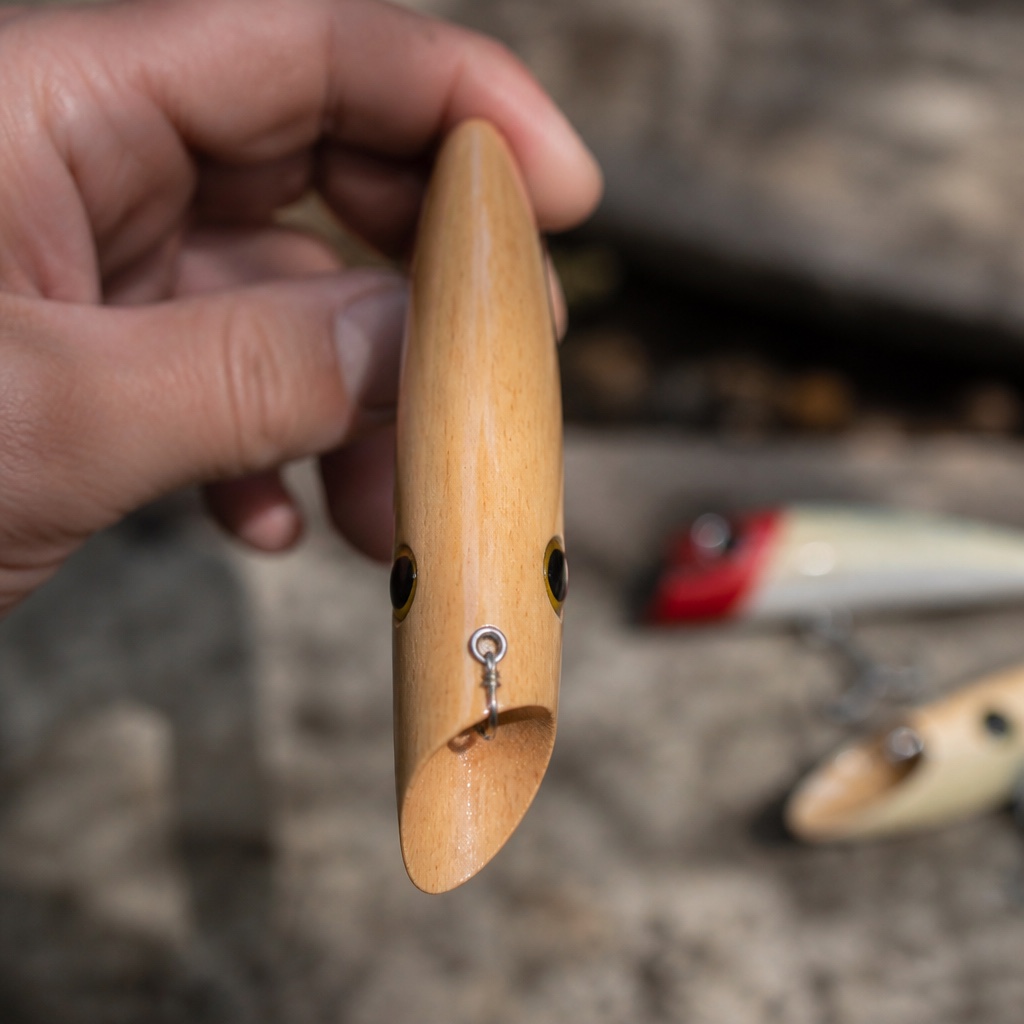 Wooden darter held face on, showing the flat scoop cut at an angle across the nose and the line tie set on the slope