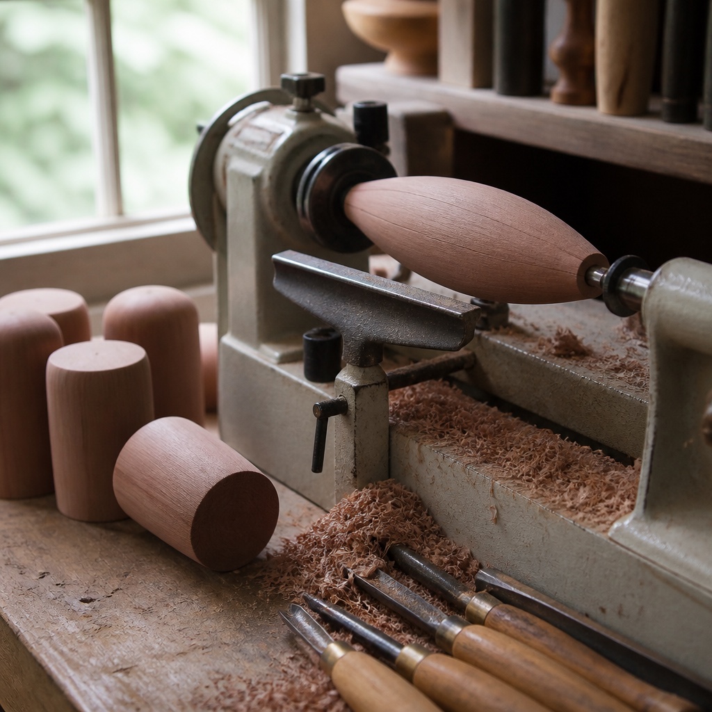 Turned cedar plug blanks and a shaped body held in a small wood lathe, with shavings on the bench and a set of gouges beside it