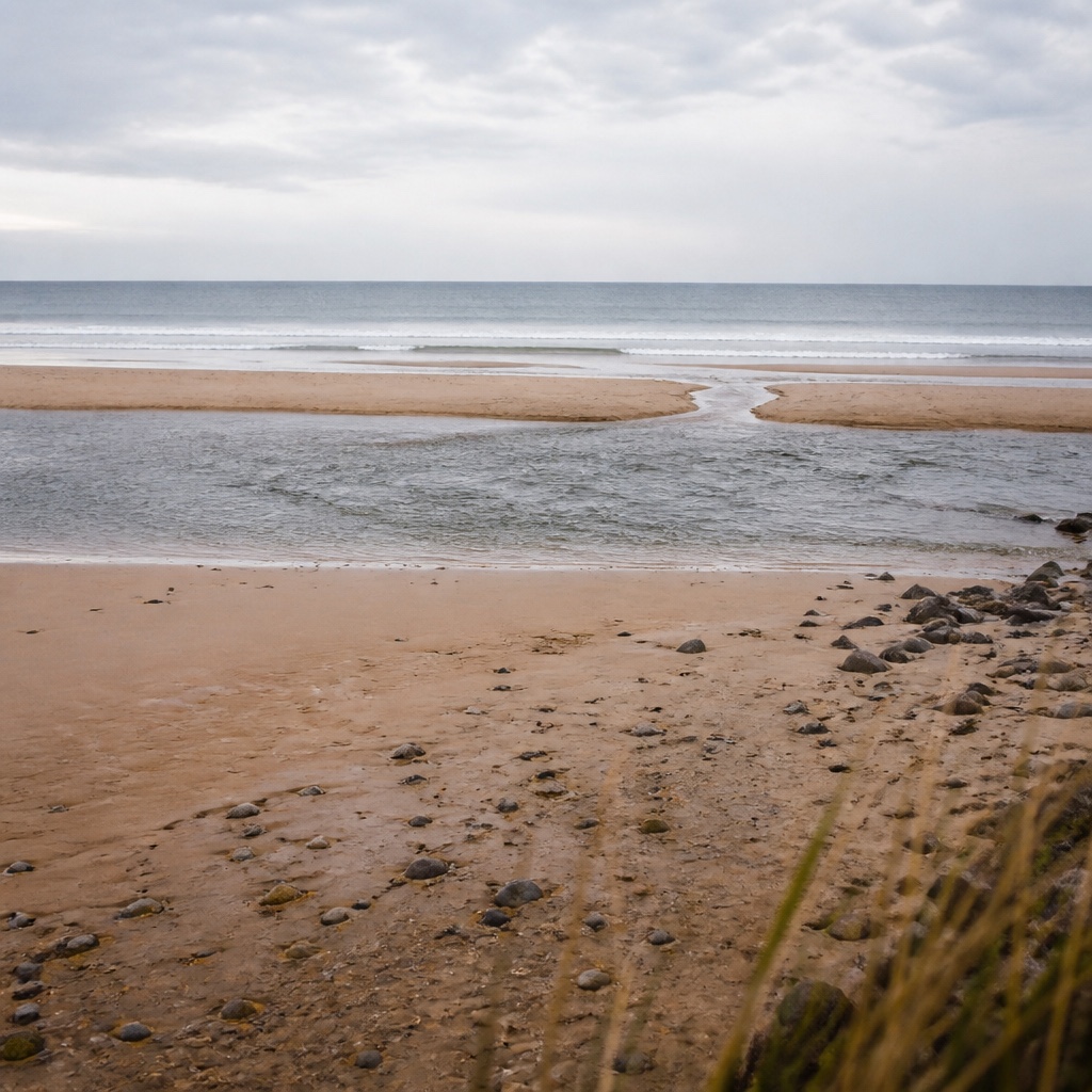 Low tide beach seen from above the high water mark, showing a sandbar, a cut through the bar and the deeper trough between the bar and the shore