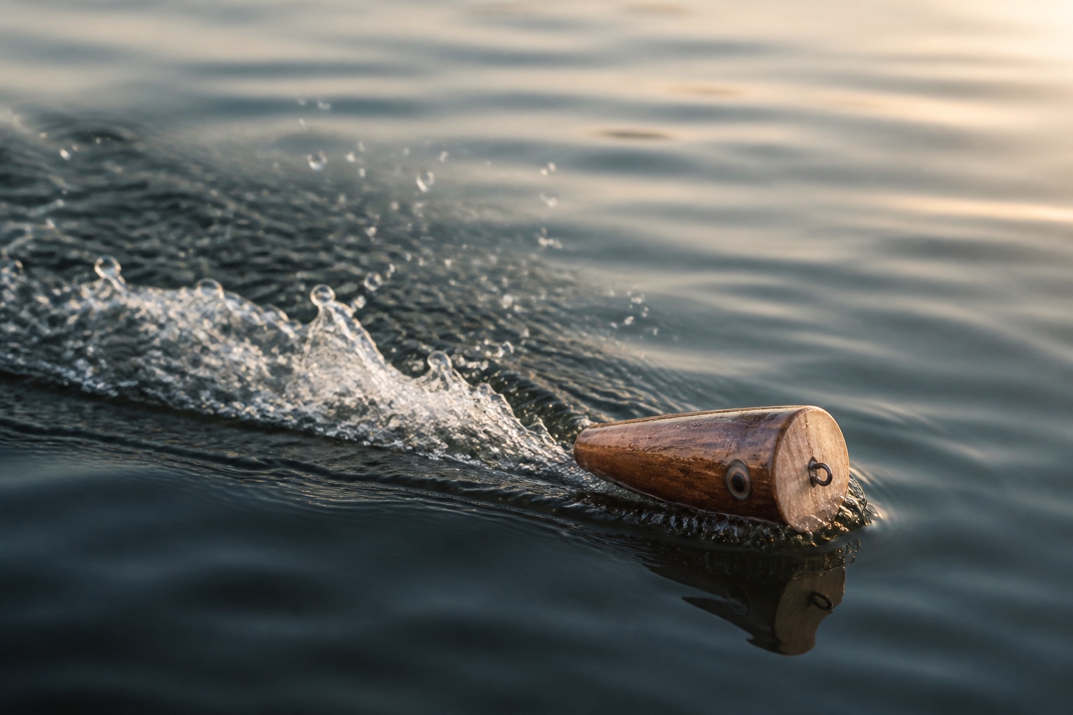 Wooden cup face popper worked on the surface at first light, throwing a plume of white water and a trail of bubbles behind it