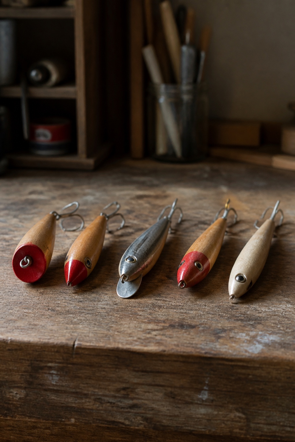 Row of hand shaped wooden surf plugs laid out on a workbench, showing a cup face popper, a pencil popper, a metal lip swimmer, a darter and a needlefish side by side